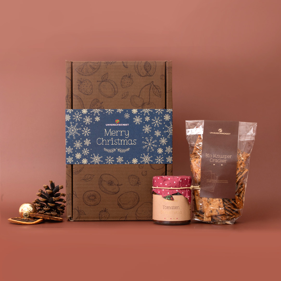 Geschenkbox Knabberfreude medi Weihnachten blau-gold Geschenkbox Knabberfreude medi Weihnachten blau-gold