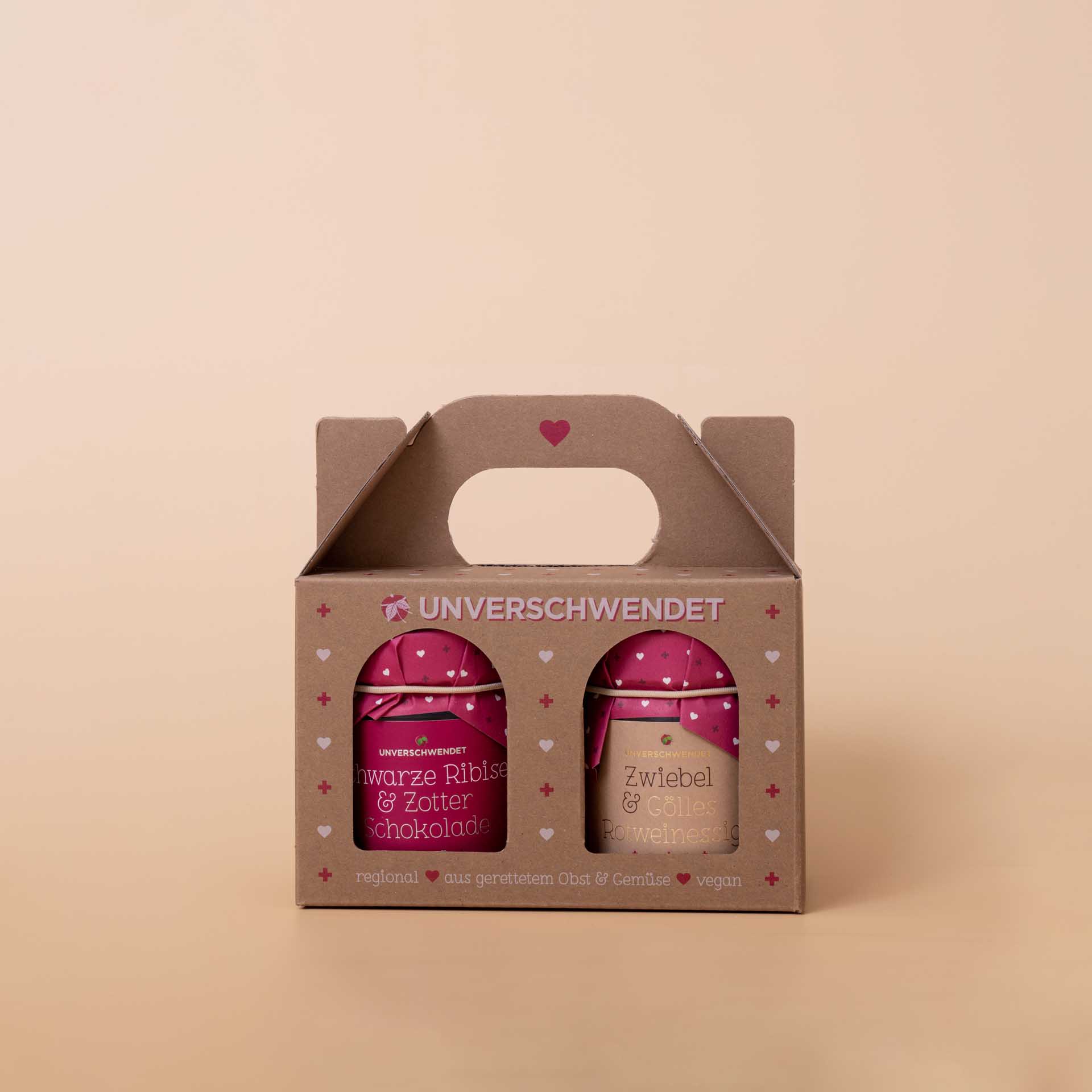 Duett-Geschenkkarton mit Aufstrich-Gläschen (im herzchen-Design) Duett-Geschenkkarton mit Aufstrich-Gläschen