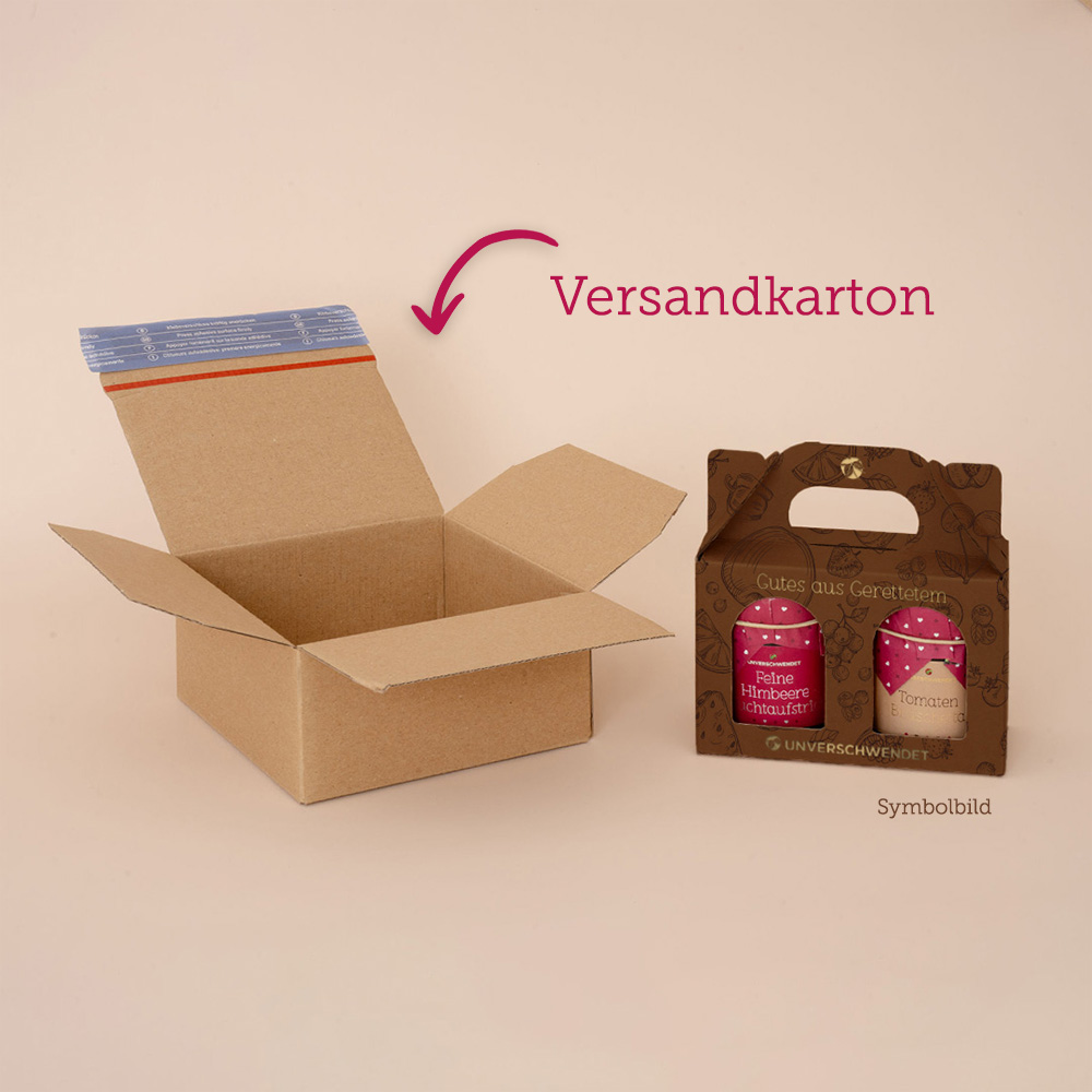 Versandkarton mit Klebefunktion für Duett-Geschenkbox (Vorderansicht) Versandkarton mit Klebefunktion für Duett-Geschenkbox