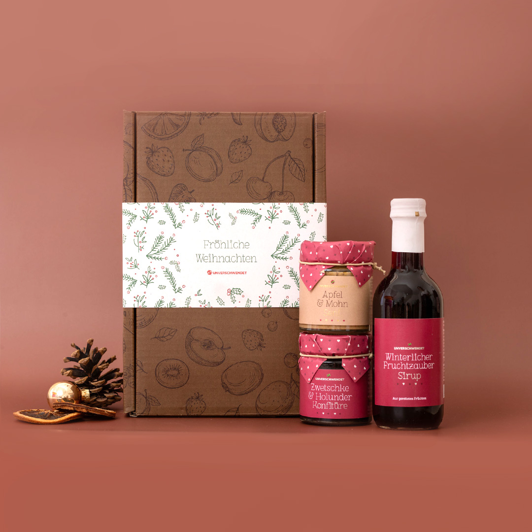 Geschenkkarton Feine Mischung Weihnachten rot-grün-weiß Geschenkkarton Feine Mischung Weihnachten rot-grün-weiß