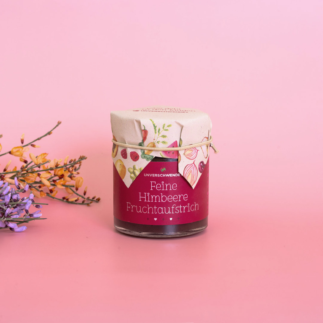 Unverschwendet Feine Himbeere-Fruchtaufstrich im Glas Vorderansicht Unverschwendet Feine Himbeere-Fruchtaufstrich im Glas