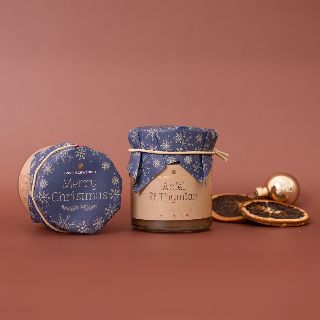 Apfel & Thymian Chutney Weihnachten blau-gold Apfel & Thymian Chutney Weihnachten blau-gold